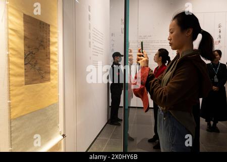 Nanjing, province chinoise du Jiangsu. 10 avril 2024. Un visiteur prend des photos de la peinture « deux moineaux sur un arbre » de Tang Yin, un ancien artiste chinois, lors d'une exposition au musée de la baie de Suzhou à Suzhou, dans la province du Jiangsu de l'est de la Chine, le 10 avril 2024. POUR ALLER AVEC 'Across China : l'exposition dévoile un chef-d'œuvre rare de l'artiste chinois antique' crédit : Jin Liwang/Xinhua/Alamy Live News Banque D'Images