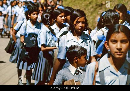 De nombreux enfants de l'école se trouvent dans une file d'attente sur une route terrée en Inde. Ils portent leur uniforme scolaire. Les filles ont des plis et portent des chemisiers bleu clair, à manches courtes et des jupes de longueur genou bleu foncé, ainsi que des corsages bleus. Chaussettes de genou. Les garçons portent des chemises blanches, des cravates et des sweaters gris-bleu. [traduction automatique] Banque D'Images