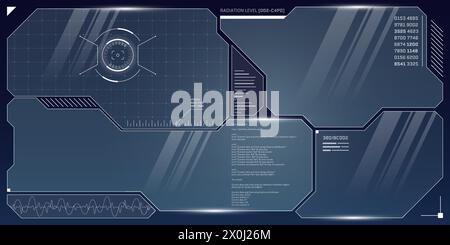 Ensemble de panneau de commande futuriste VR HUD. Technologie tête haute cible et écran d'interface utilisateur. GUI interface de réalité virtuelle numérique conception de visière hi-tech cyberpunk. Tableau de bord du cockpit du vaisseau spatial FUI Sci fi. EPS Illustration de Vecteur