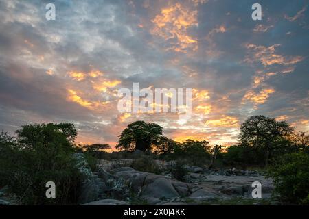 Coucher de soleil sur l'île de Kubu, Botswana Banque D'Images