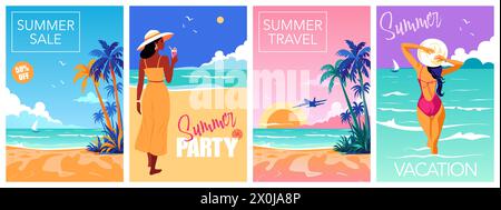 Design Summer Time and Travel concept. Ensemble d'affiche avec plage tropicale Illustration de Vecteur