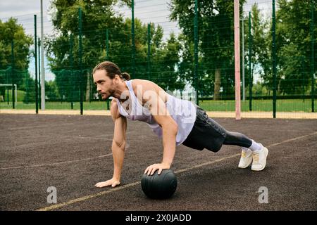 Un homme en vêtements de sport effectuant des pompes avec un ballon sous la direction d'un entraîneur personnel, montrant la détermination et la motivation. Banque D'Images