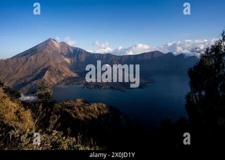 Trekking jusqu'au volcan Gunung Rinjani de 3726 mètres de haut dans le parc national du Mont Rinjani, Lombok, Indonésie Banque D'Images