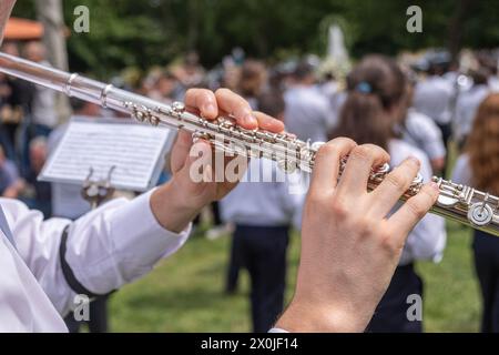 vue rapprochée des mains d'un musicien jouant de la flûte lors d'un concert en plein air Banque D'Images