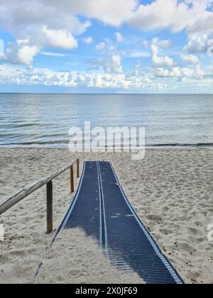 Chemin vers la plage et transition vers la mer avec tapis de plage praticable, vue sur la mer Baltique, Prerow, Fischland Darss, Mecklenburg-Poméranie occidentale, Allemagne Banque D'Images