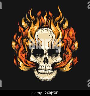Gravure crâne brûlant en enfer feu isolé sur fond noir. illustration vectorielle. Aucune IA n'a été utilisée. Illustration de Vecteur