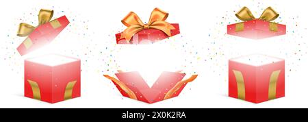 Ensemble vectoriel de boîtes-cadeaux rouges avec des rubans dorés et des confettis colorés éclatés isolés sur un fond blanc. Boîte cadeau surprise dépliée, illustration vectorielle. Illustration de Vecteur