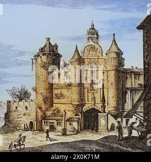 Paris, France. Le Grand Châtelet. Forteresse construite par le roi Louis VI (1081-1137) sur la rive droite de la Seine. Il a été reconstruit en pierre après les incursions normandes. Après son utilisation comme forteresse a été abandonnée, il est devenu le siège du prévôt de Paris, abritant des prisons et des chambres de torture. Il fut démoli en 1808 par ordre de Napoléon. Façade principale. Fac-similé d'après une gravure de Matthäus Merian dans 'Topographia Galliae', de Martin Zeiler. Publié Francfort, 1655. Coloration ultérieure. « Moeurs, usages et costumes au moyen-âge et à l'époque de la Renaissance », de Paul Lacroix. Paris, 1878. Banque D'Images