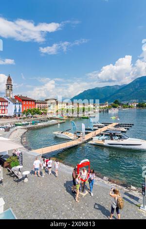 Ascona, Lago Maggiore, port, port de plaisance, clocher de l'église Santi Pietro e Paolo à Locarno, Tessin, Suisse Banque D'Images