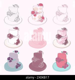 Une variété de différents types de gâteaux sont affichés sur des assiettes. Chaque gâteau est unique en saveur, forme et décoration Illustration de Vecteur