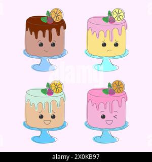 Un groupe de quatre gâteaux présentés avec différentes garnitures comprenant du chocolat, des baies, de la crème et du caramel. Les gâteaux sont délicieux et tentants, présentant une variété de saveurs et de textures Illustration de Vecteur