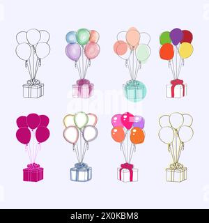 Une collection de ballons vibrants, variant en taille et en couleur, planant haut dans le ciel. Les ballons sont flottants, dérivent gracieusement vers le haut Illustration de Vecteur