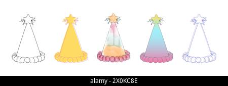Cinq chapeaux de fête ornés d'étoiles sont exposés ensemble, prêts pour une célébration festive. Chaque chapeau présente des motifs colorés et un style original, parfait pour une ambiance de fête Illustration de Vecteur