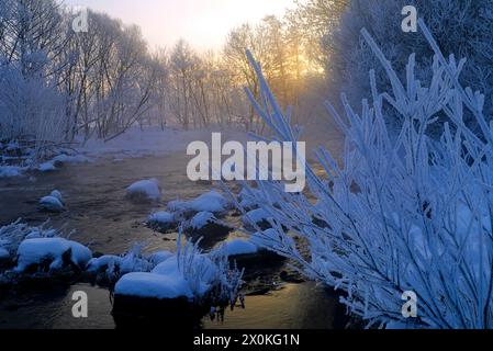 Europe, Allemagne, Hesse, Hesse centrale, arrière-pays, parc naturel de Lahn-Dill-Bergland, Dautphetal, ambiance hivernale sur le Lahn, brume matinale, lever du soleil, pierres dans la rivière Banque D'Images