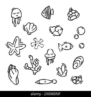 Ensemble d'éléments vectoriels dans le style doodle. coquillages dessinés, étoiles de mer, esquisse de contour noir éléments isolés sur fond blanc pour modèle de conception. OCE Illustration de Vecteur