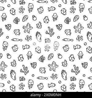 Motif coquillage dans le style doodle, esquisse de contour noir d'éléments isolés sur fond blanc pour modèle de conception. Flore océanique Illustration de Vecteur