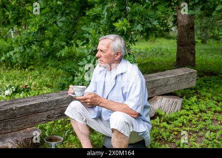 Homme plus âgé assis sur une bûche dans un jardin verdoyant, savourant une tasse de thé une pause réfléchie et paisible et une lente retraite. Photo de haute qualité Banque D'Images