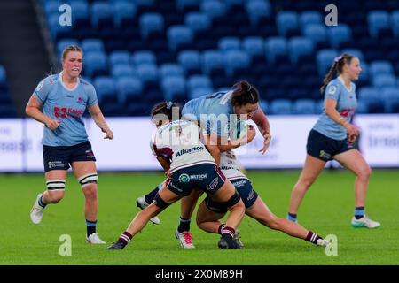 Sydney, Australie. 12 avril 2024. Annabelle Codey des Waratahs est attaquée lors du match de Super Rugby féminin Rd5 2024 entre les Waratahs et les Reds au stade Allianz le 12 avril 2024 à Sydney, Australie crédit : IOIO IMAGES/Alamy Live News Banque D'Images