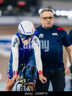 Milton, Canada. 12 avril 2024. Photo par Alex Whitehead/SWpix.com - 12/04/2024 - cyclisme - Coupe des Nations Tissot UCI Track - 3e manche : Milton - Centre national de cyclisme Mattamy, Milton, Ontario, Canada - qualification de poursuite par équipe féminine - Valentine Fortin of France crédit : SWpix/Alamy Live News Banque D'Images