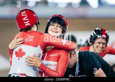 Milton, Canada. 12 avril 2024. Photo par Alex Whitehead/SWpix.com - 12/04/2024 - cyclisme - Coupe des Nations Tissot UCI Track - ronde 3 : Milton - Centre national de cyclisme Mattamy, Milton, Ontario, Canada - qualification de poursuite par équipe féminine - Sarah van Dam du Canada crédit : SWpix/Alamy Live News Banque D'Images