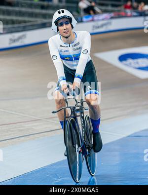 Milton, Canada. 12 avril 2024. Photo par Alex Whitehead/SWpix.com - 12/04/2024 - cyclisme - Coupe des Nations Tissot UCI Track - ronde 3 : Milton - Centre national de cyclisme Mattamy, Milton, Ontario, Canada - finale de poursuite par équipe masculine - Ethan Vernon de Grande-Bretagne crédit : SWpix/Alamy Live News Banque D'Images