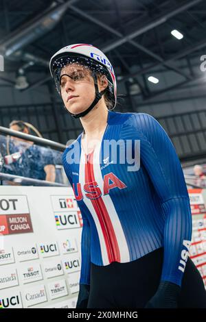 Milton, Canada. 12 avril 2024. Photo par Alex Whitehead/SWpix.com - 12/04/2024 - cyclisme - Coupe des Nations Tissot UCI Track - ronde 3 : Milton - Centre national de cyclisme Mattamy, Milton, Ontario, Canada - qualification de poursuite par équipe féminine - Jennifer Valente des États-Unis crédit : SWpix/Alamy Live News Banque D'Images