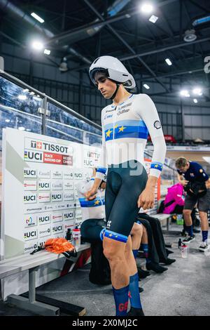 Milton, Canada. 12 avril 2024. Photo par Alex Whitehead/SWpix.com - 12/04/2024 - cyclisme - Coupe des Nations Tissot UCI Track - ronde 3 : Milton - Centre national de cyclisme Mattamy, Milton, Ontario, Canada - finale de poursuite par équipe masculine - Ethan Vernon de Grande-Bretagne crédit : SWpix/Alamy Live News Banque D'Images