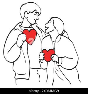 couple d'amants tenant le vecteur d'illustration de coeur rouge dessiné à la main isolé sur fond blanc Illustration de Vecteur
