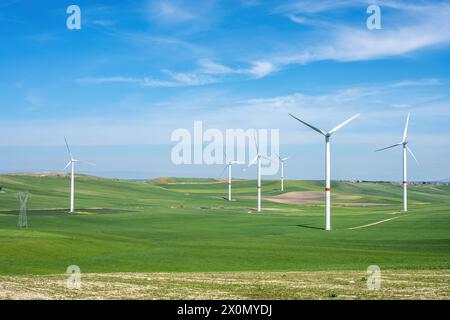 Éoliennes et paysage agricole vert vu en Italie Banque D'Images