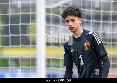 Bilzen, Belgique. 10 avril 2024. Yaakoubi Rayan (1), de Belgique, photographié lors d'un match amical de football entre les équipes nationales de Belgique et des pays-Bas futures des moins de 15 ans, le mercredi 10 avril 2024 à Bilzen, Belgique . Crédit : Sportpix/Alamy Live News Banque D'Images