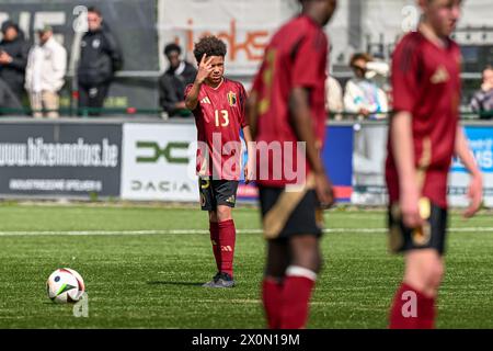 Bilzen, Belgique. 10 avril 2024. Odia Dre (13 ans) de Belgique photographiée lors d'un match amical de football entre les équipes nationales de Belgique et des pays-Bas futures des moins de 15 ans, le mercredi 10 avril 2024 à Bilzen, Belgique . Crédit : Sportpix/Alamy Live News Banque D'Images