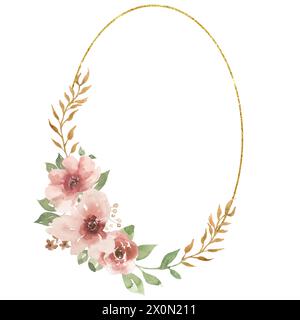 Fleurs roses à l'aquarelle et cadre de verdure, illustration de bouquet de fleurs de jardin, clipart de couronne Banque D'Images