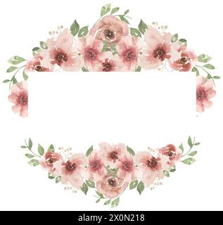 Fleurs roses à l'aquarelle et cadre de verdure, illustration de bouquet de fleurs de jardin, clipart de couronne Banque D'Images