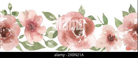 Fleurs roses à l'aquarelle et fleurs de verdure bordure sans couture, bouquet de fleurs de jardin, motif répété Banque D'Images