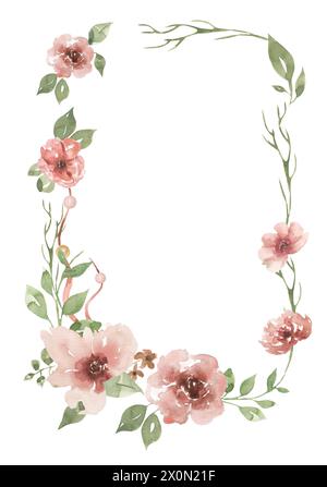 Fleurs roses à l'aquarelle et cadre de verdure, illustration de bouquet de fleurs de jardin, clipart de couronne Banque D'Images