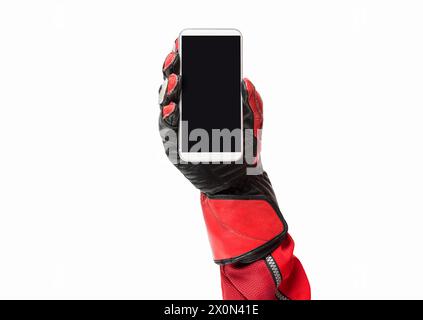 Smartphone Biker portable avec écran vierge, image rognée et espace de copie Banque D'Images