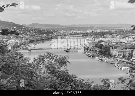 Une photo monochrome de paysage urbain avec une eau qui l'entoure, sous un ciel nuageux. L'horizon se mélange avec les ressources en eau créant un paysage serein Banque D'Images