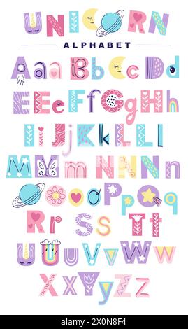 Alphabet anglais de couleurs pastel pour les enfants. Police Doodle pour affiche de pépinière, cartes, t-shirts. Illustration vectorielle dessinée à la main Illustration de Vecteur