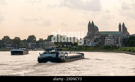 Vue le long du Rhin avec des navires traversant au premier plan vers Speyer, Rhénanie-Palatinat, Allemagne Banque D'Images