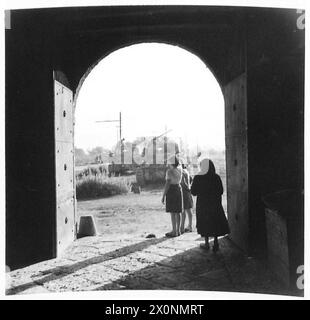 INVASION DE L'ITALIE : CINQUIÈME ENTRÉE DE L'ARMÉE À NAPLES - chars Sherman encadrés dans la porte d'une ferme italienne près de Pompéi. Négatif photographique, Armée britannique Banque D'Images