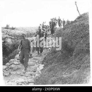 HUITIÈME ARMÉE : LES TROUPES DE MONTAGNE PRENNENT LES POSITIONS - l'infanterie de montagne descend des collines dans la vallée. Les marches ont été construites pendant le temps boueux. Négatif photographique, Armée britannique Banque D'Images