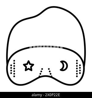 Masque pour les yeux de sommeil de nuit simple avec un élastique. Icône de ligne noire de vecteur, pictogramme dans un style minimal. Contour monochrome bandeau avec une étoile et une lune Illustration de Vecteur