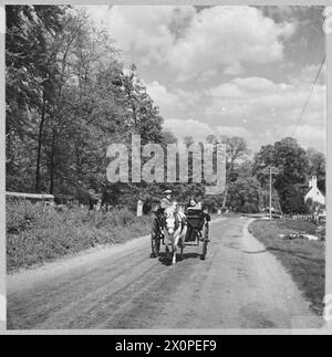 LA FERME DE MON GRAND-PÈRE : - pour l'histoire voir CH.12988 photo (publiée en 1944) montre - des petites filles rentrant de l'école dans une charrette à chien - un moyen de transport paisible de la campagne anglaise. Négatif photographique, Royal Air Force Banque D'Images