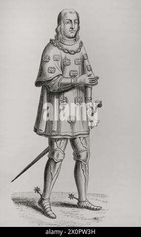 Louis de Mallet (Louis Malet de Graville) (1438-1516). Seigneur de Graville et amiral de France. Portrait en costume de guerre et tournoi. Fac-similé d'une gravure du XVIe siècle. « Moeurs, usages et costumes au moyen-âge et à l'époque de la Renaissance », de Paul Lacroix. Paris, 1878. Banque D'Images