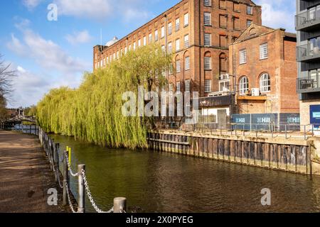 Norwich, Norfolk, Royaume-Uni – 07 avril 2024. Bâtiment commercial au bord de la rivière Wensum Banque D'Images
