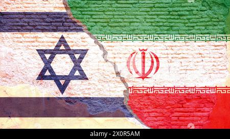 Drapeaux israéliens et iraniens sur un mur texturé fissuré, symbolique des tensions géopolitiques, 3d rendent Banque D'Images