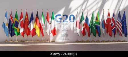 Sommet du G20 ou concept de réunion. Rangée des drapeaux de tous les membres du Groupe des vingt du G20 et liste des pays. illustration 3d. Banque D'Images