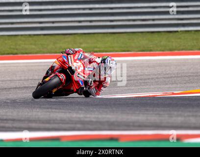 Austin, États-Unis . 13 avril 2024. Le pilote Ducati Lenovo Enea Bastianini (23 ans) pilote lors de la ronde de qualification sur le circuit of the Americas avant le Red Bull Gran Prix à Austin, Texas, le 13 avril 2024. (Photo de Stephanie Tacy/Sipa USA) crédit : Sipa USA/Alamy Live News Banque D'Images