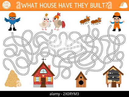 Labyrinthe de chantier pour les enfants avec des animaux et constructeur, maisons qu'ils ont construites. Building Works activité imprimable préscolaire, jeu de labyrinthe, puzzle avec Illustration de Vecteur