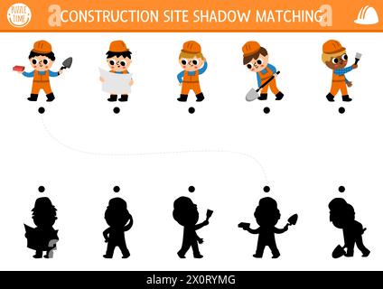 Activité de mise en correspondance de l'ombre du chantier de construction avec les travailleurs. Construire des œuvres puzzle avec constructeur, peintre, ingénieur, architecte dans des casques de sécurité. Trouver les bons s Illustration de Vecteur